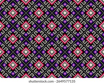 Dynamic seamless pixel art pattern ,ethnic geometric motifs. Bold black, vibrant violet, and hot pink combine for a striking design, perfect for textiles,fashion, digital backgrounds,cultural,inspired