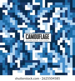 A dynamic, seamless pixelated camouflage pattern features a variety of vibrant colors including blue, black, white, and navy, arranged in a repeating grid pattern.