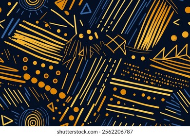 Dynamic seamless vector pattern of tribal geometric design. Raw and aborigen-inspired pattern with mix of bold lines, shapes, and textures. Exotic and primitive aesthetic sense of mystery and intrigue