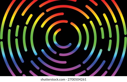 Linhas circulares segmentadas dinâmicas exibindo um espectro arco-íris completo, irradiando um padrão artístico moderno. Art.