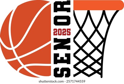 Dynamic 'Senior 2025 Basketball' design featuring a basketball and hoop graphic. Perfect for high school sports events, senior year celebrations, team logos, and graduation memorabilia.