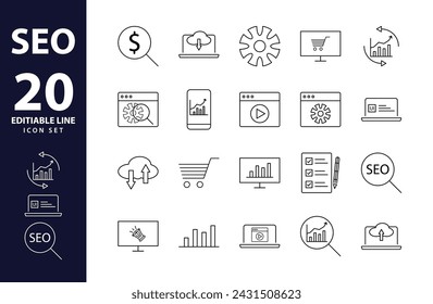 Dynamic SEO Vector Icons: Modern Thin Line Illustrations for Web Development, Strategy, and Optimization – Editable Pictograms and Infographic Elements Included. calendar, click, coding, consulting,