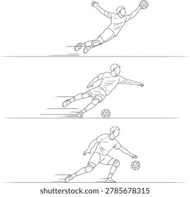 Dynamic sequence showing a goalie's save dive and ball control. Ideal for sports advertising and promotional materials.