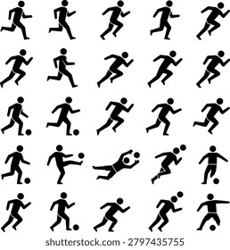 Dynamic sequence of stick figure athletes playing soccer capturing action poses and ball control. Ideal for sports graphics and concept development.
