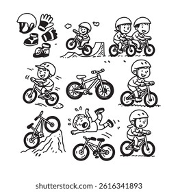 A dynamic set of 10 hand-drawn black and white line art icons featuring children riding BMX and mountain bikes. 