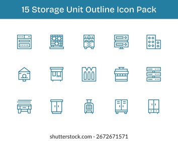 A dynamic set of 15 icons in Outline style, tailored for Storage Unit and suited for digital products.