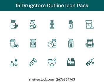 Um conjunto dinâmico de 15 ícones em estilo Outline, adaptado para Drugstore e adequado para produtos digitais.
