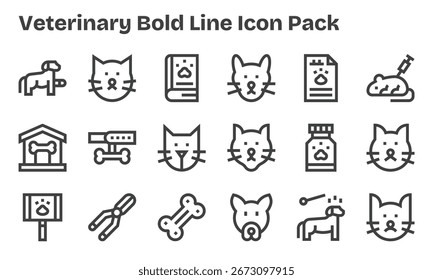 A dynamic set of 18 icons in Bold Line style, tailored for Veterinary and suited for digital products.