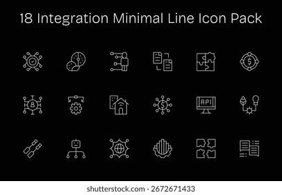 Un conjunto dinámico de 18 iconos en estilo Minimal Line, adaptado para la integración y adecuado para productos digitales.