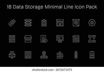 Um conjunto dinâmico de 18 ícones no estilo Minimal Line, adaptado para Armazenamento de Dados e adequado para produtos digitais.