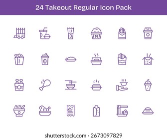 A dynamic set of 24 icons in Regular Outline style, tailored for Takeout and suited for digital products.