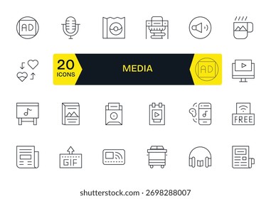A dynamic set of 24 icons in Thin Line, tailored for Media and suited for digital products.