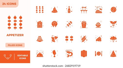 Um conjunto dinâmico de 24 ícones vetoriais em Preenchido, adaptado para Apetizer com 128x128 PIXEL de qualidade perfeita adequado para produtos digitais.