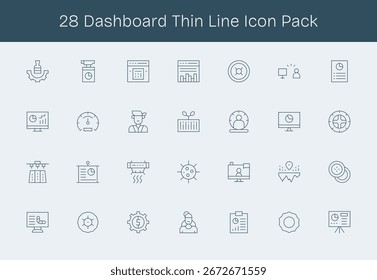 Un conjunto dinámico de 28 iconos en estilo Thin Line, adaptado para el tablero de instrumentos y adecuado para productos digitales.