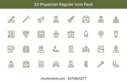 Ein dynamischer Satz von 32 Icons im Regular Line Stil, maßgeschneidert für Ärzte und geeignet für digitale Produkte.