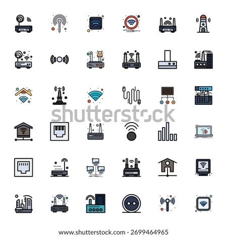 A dynamic set of 36 vector icons in Flat Line Filled, tailored for Router with High Resolution PIXEL Perfect quality suited for digital products.