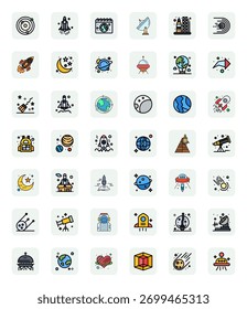 Um conjunto dinâmico de 42 ícones vetoriais em LineFilled, adaptado para o espaço com qualidade 128x128 Pixel Alinhado, adequado para produtos digitais.