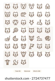 Un conjunto dinámico de 45 iconos en Bold Line, adaptado para Mammal y adecuado para productos digitales.