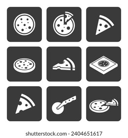 Dynamic Set of 9 Simple Pizza Icons: Whole, Slice, Isometric, Pizza Box, Cutter. White Silhouettes on Black Background. Vector Design, Illustration in Flat Style for Maximum Creativity