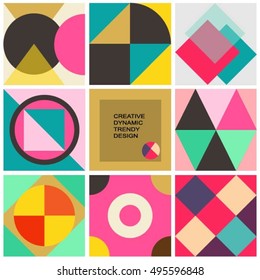 Dynamic set of abstract colorful vector background. Geometric cards with trendy design.