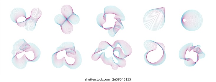 Um conjunto dinâmico de formas de linhas abstratas em ciano e magenta sobre plano de fundo branco. Estas formas estilo arame terno cartazes vetoriais criativos, capas, papéis de parede, visuais de música, ou conjuntos de arte digital.