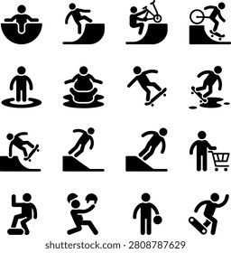 Dynamic set of actionpacked icons showcasing various extreme sports and recreational activities in bold silhouette style