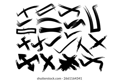 Un conjunto dinámico de grunge negro marca X y marca trazos de verificación. Ideal para diseño abstracto, cancelar iconos, texturas en negrita, señales de advertencia.