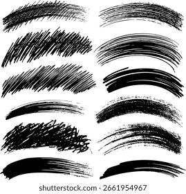 A dynamic set of black grunge brush strokes. Hand-drawn curved and arched shapes with a dry brush texture. Perfect for artistic designs, banners, and overlays. Vector elements.