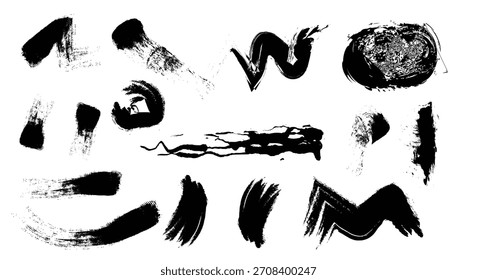 Ein dynamischer Satz von Pinselstrichen mit schwarzer Grunge-Tinte, mit verschiedenen handgezeichneten abstrakten Formen, Texturen und Spritzern, einzeln für moderne künstlerische Grafikdesign-Projekte.