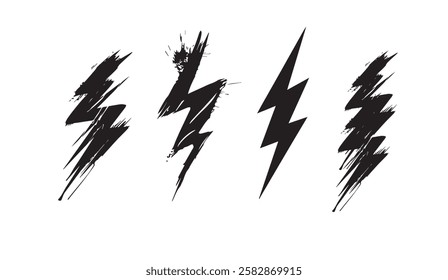 Dynamic set of black lightning bolt illustrations with distressed textures symbolizing energy, power and striking visual elements for graphic design