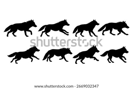 A dynamic set of black silhouette wolf animations, showing various stages of running.