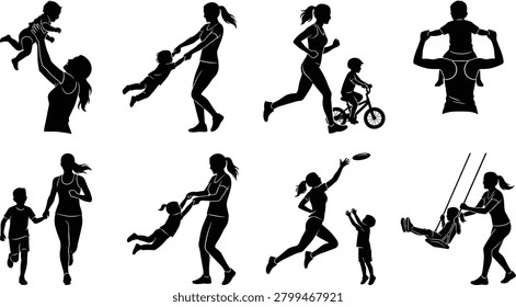 A dynamic set of black and white silhouette icons showing parents playing with their children, including running, cycling, swinging, and throwing a frisbee. This versatile vector kit is perfect for family fitness, healthy lifestyle promotions, and childhood development designs.