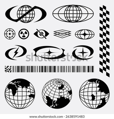 A dynamic set of black and white Y2K inspired graphic elements perfect for streetwear fashion design. Includes barcode patterns, globes, checkered stripes, radioactive icons, and abstract symbols
