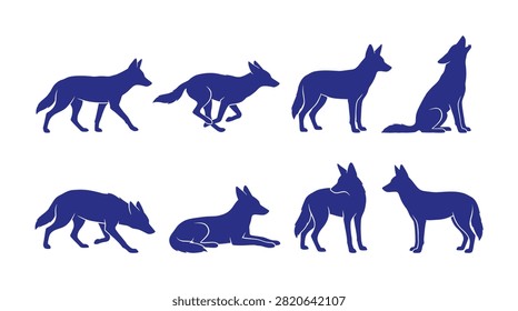 Dynamic set of canid silhouettes in profile, illustrating various wild dog behaviors