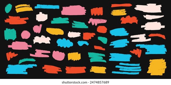 A dynamic set of colorful brush strokes doodles in assorted shapes and sizes, arranged randomly. Vibrant hues pop against a black backdrop. Isolated on white background