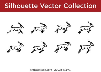 Conjunto dinámico de ocho siluetas de gacela o antílope que corren y saltan, perfecto para diseños de vida silvestre y naturaleza.