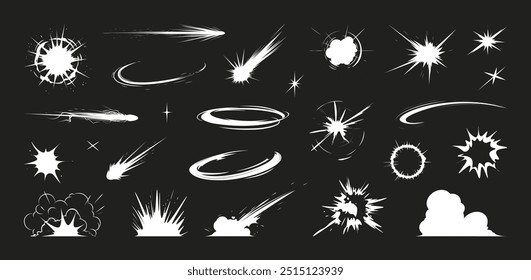 A dynamic set of explosion and impact effects, featuring bursts, shockwaves, flares, and blasts. Cartoon explosion, vfx elements. Cartoon effects: explosion, impact, energy, burst, flash, speed