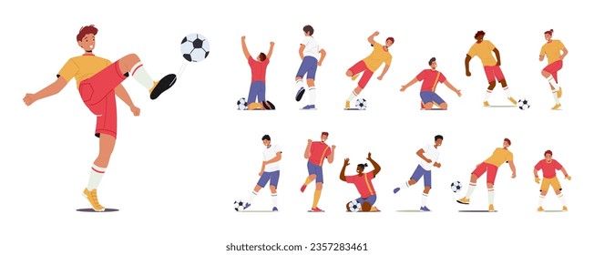 Dynamic Set Of Football Player Characters in Different Poses, Showcasing Exceptional Skill, And Determination On The Field, Delivering Exhilarating Matches. Cartoon People Vector Illustration