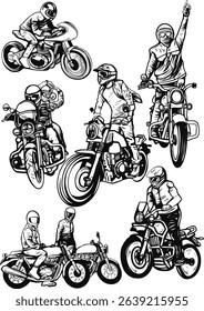 : A dynamic set of hand-drawn black and white illustrations featuring various motorcycle riders in different poses and styles. Perfect for retro-themed apparel, posters, stickers, and custom biker art
