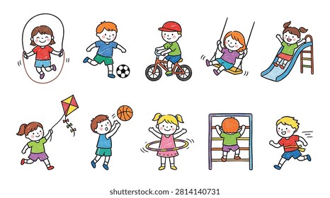 Dynamic set of illustrations depicting active kids enjoying various outdoor activities and sports games such as jump rope soccer cycling on bicycle swinging sliding flying kite playing basketball hula hooping climbing monkey bars and running for physical exercise fun.