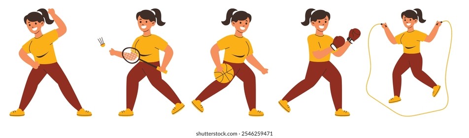 Um conjunto dinâmico de ilustrações com uma atleta feminina participando de badminton, basquete, boxe e salto corda, projetado em um estilo vibrante e moderno.