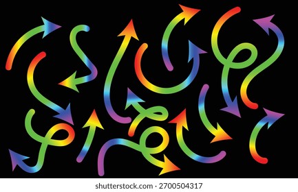 Dynamic set of isolated multi-colored gradient arrows representing choice, path, growth, and change visually.