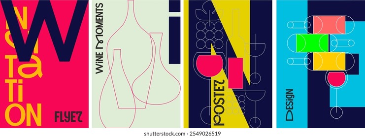 A dynamic set of modern wine posters combining bold typography, geometric patterns, and vibrant colors, perfect for creative branding and wine events.