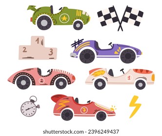 Dynamic Set Of Race Cars, Adorned With Vibrant Colors, Zoom Around The Racing Track With Roaring Engines, Creating An Exhilarating Spectacle Of Speed And Competition. Cartoon Vector Illustration