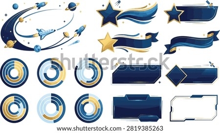 A dynamic set of space themed illustrations and infographic design elements in blue and gold