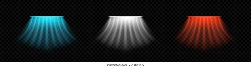 Dynamic set of translucent airflow elements on dark grid backdrop. Wavelike red, blue and white light effects. Hot, cold and scented directional air jets. Ideal for modern climate control visuals.