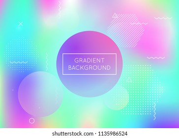 Dynamic shape background with liquid fluid. Holographic bauhaus gradient with memphis elements. Graphic template for placard, presentation, banner, brochure. Hipster dynamic shape background.