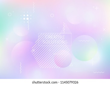 Dynamic shape background with liquid fluid. Holographic bauhaus gradient with memphis elements. Graphic template for placard, presentation, banner, brochure. Neon dynamic shape background.