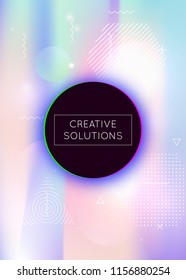 Dynamic shape background with liquid fluid. Holographic bauhaus gradient with memphis elements. Graphic template for placard, presentation, banner, brochure. Plastic dynamic shape background.