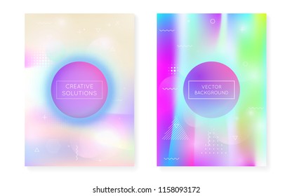 Dynamic shape background with liquid fluid. Holographic bauhaus gradient with memphis cover. Graphic template for placard, presentation, banner, brochure. Bright dynamic shape background.